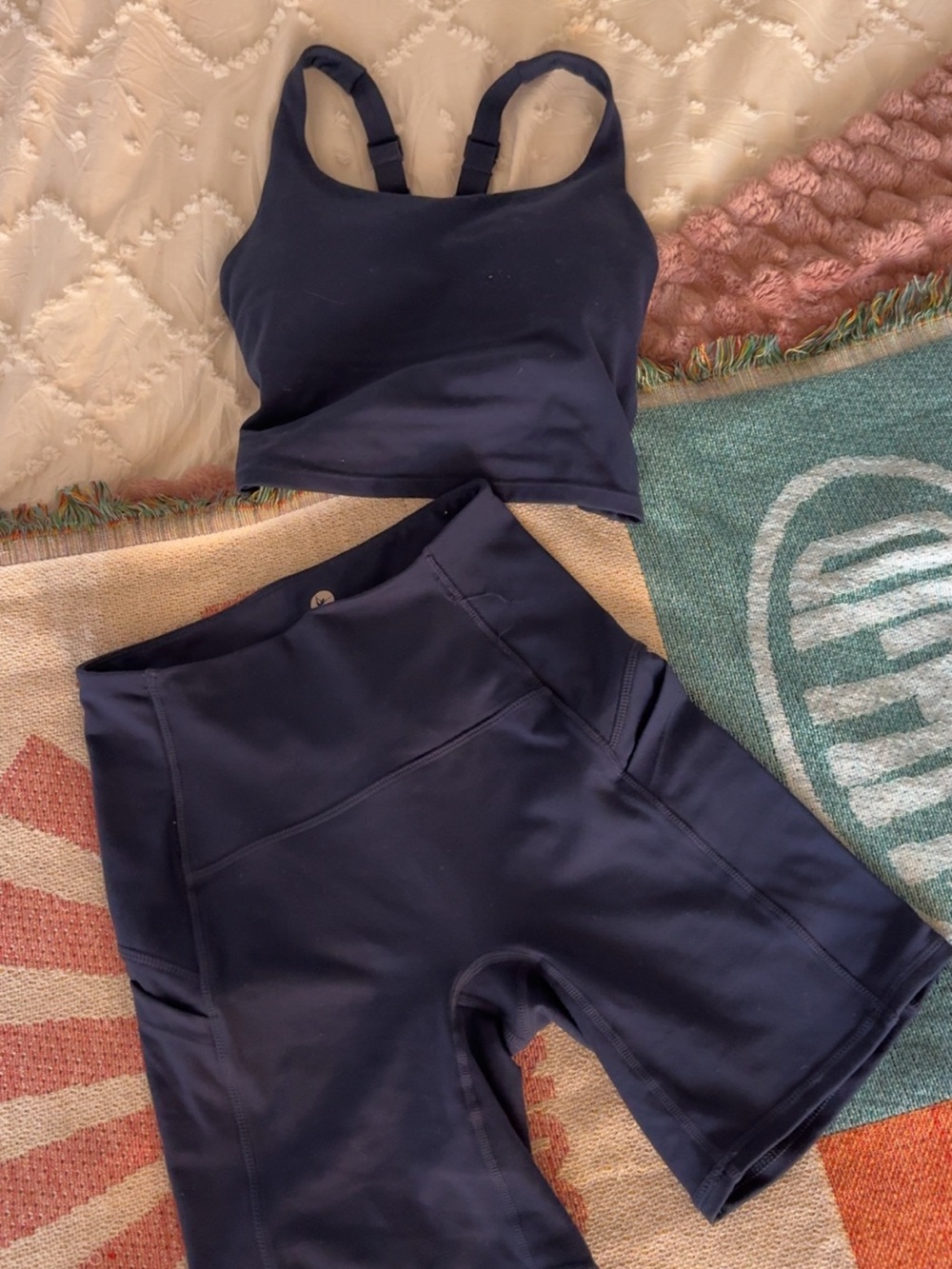 90 Degree By Reflex Navy Blue Cropped Tank and High-Waist Bike Shorts Set